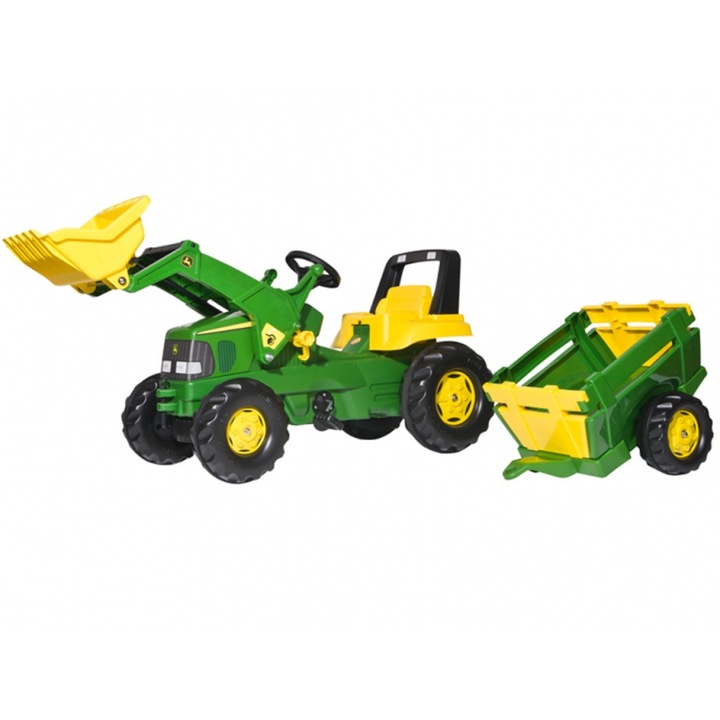 Tractor cu pedale John Deere pentru copii, Rolly Toys 811496, Plastic, Excavator, Verde/Galben, 3-8 ani