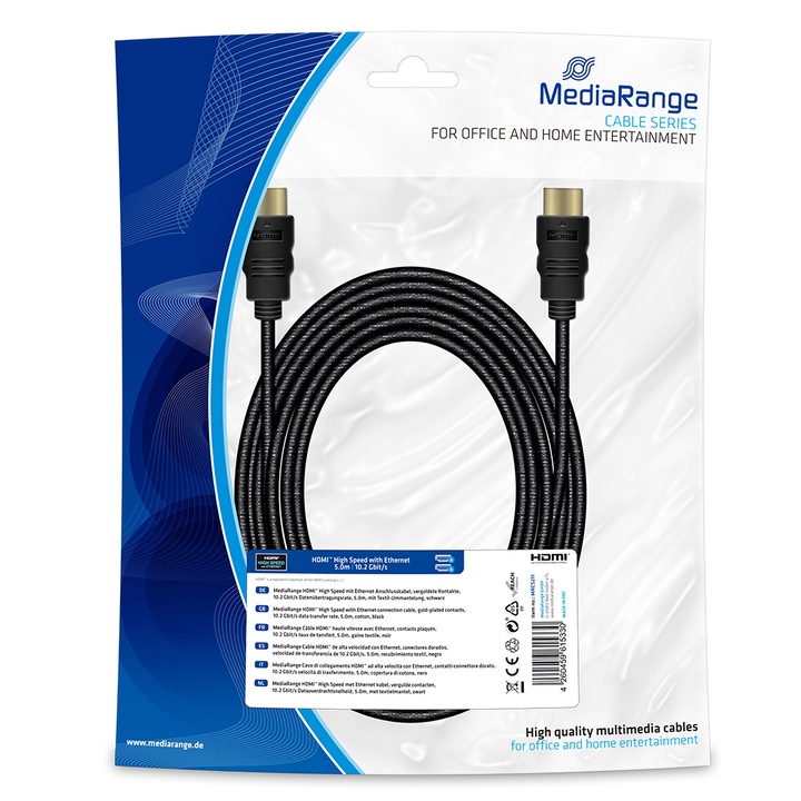 Cablu HDMI MediaRange, de mare viteza, cu Ethernet, 10.2 Gbit/s, 5 m, Negru