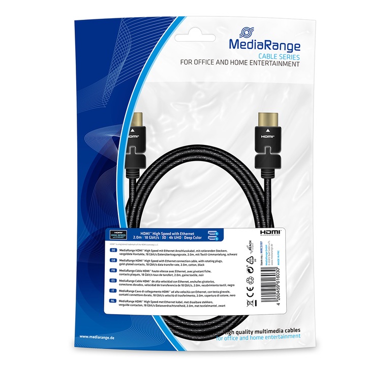 Cablu HDMI MediaRange, de mare viteza, cu Ethernet, 18 Gbit/s, 2 m, Negru