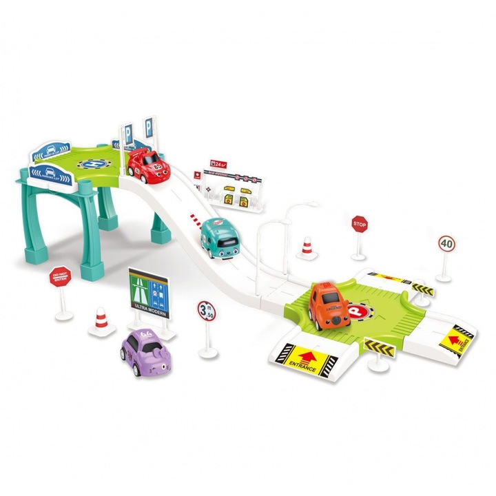 Set pista/garaj/3 masinute, WOOPIE, Plastic, Multicolor, 3+