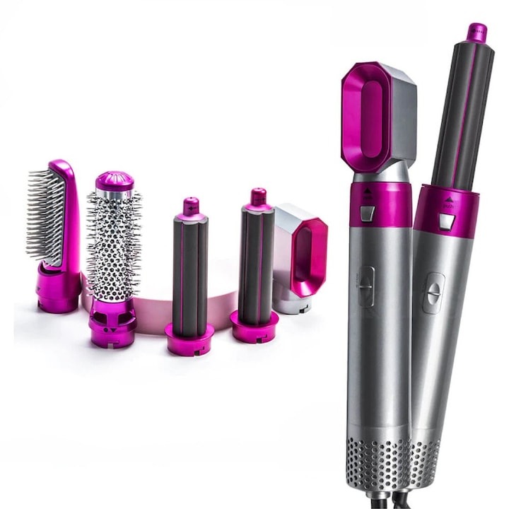 Tiessa hajcsavaró, 5 az 1-ben, többfunkciós, 5 hajformázó fej, göndörítés, hajkiegyenesítés, hajszárítás, 3 sebességfokozat, állítható hőmérséklet, 1000 W, szürke-rózsaszín