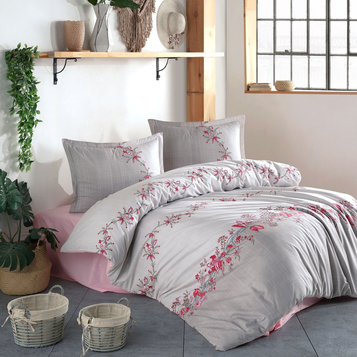 Dupla ágynemű 100% pamut Ranforce 4 db king size 240 x 260 cm, Elegáns, Rózsaszín / Szürke, Bolyhos LORINDA