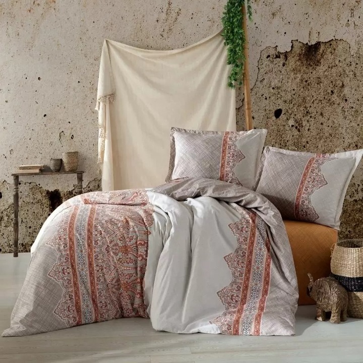 Dupla ágynemű 100% pamut Ranforce 4 db king méretű 240 x 260 cm, Elegáns, Bézs / Narancs, Bolyhos URBAN