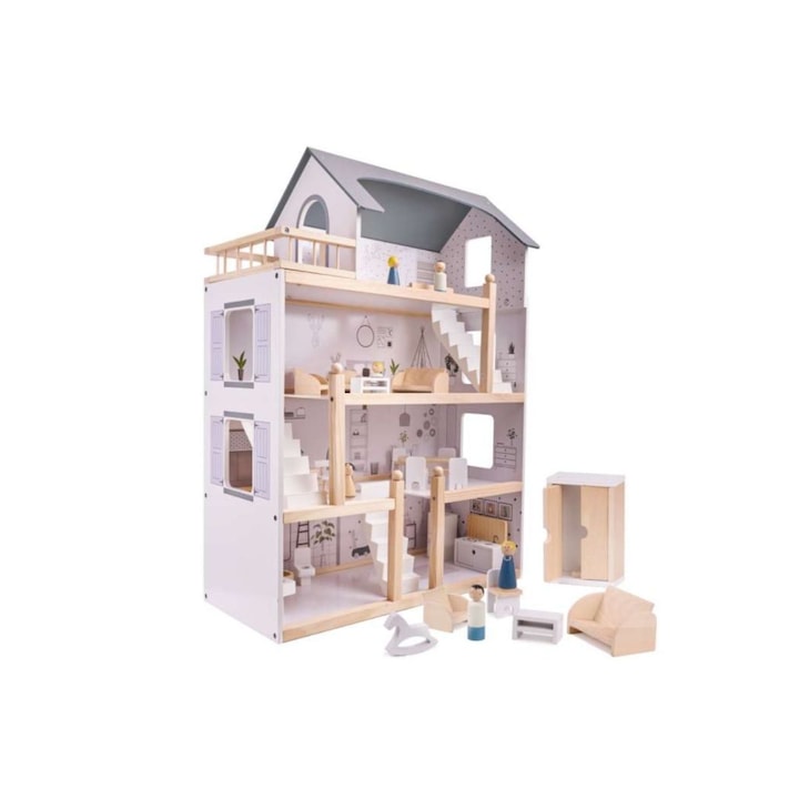 Casa de papusi din lemn cu mobila, 61.5 x 27 x 83 cm