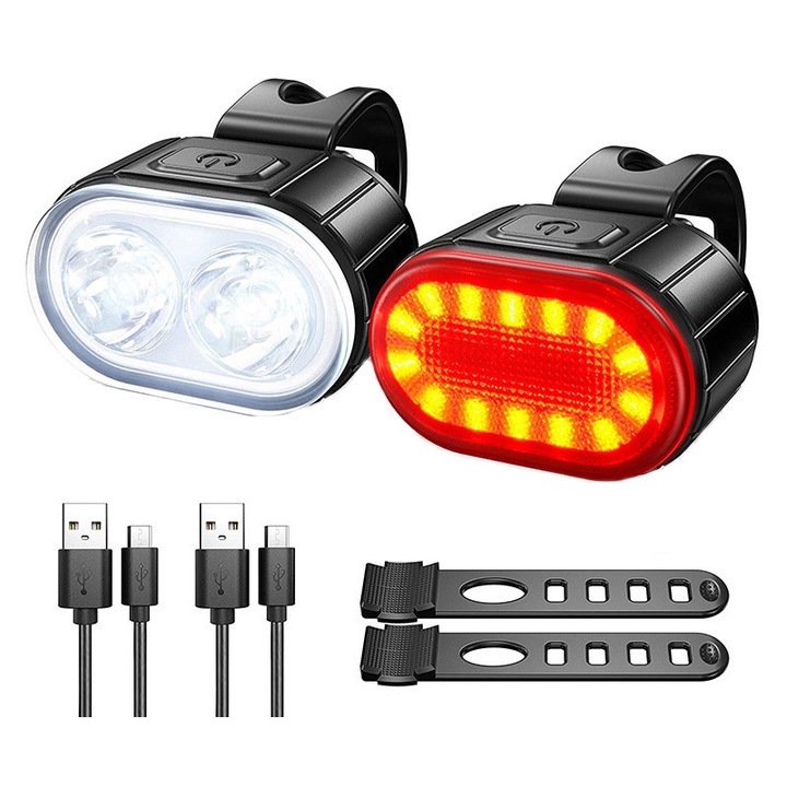 MorFansi LED kerékpár fényszóró és hátsó fékkészlet, USB töltés, vízálló, 4 világítási mód, fehér/piros
