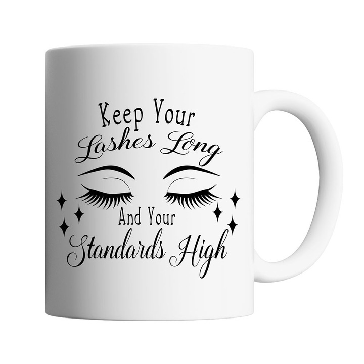 Kávés/teás bögre, Oktane, 330 ml, "Tartsd hosszan a szempilláid, magas színvonalon", kerámia, fehér
