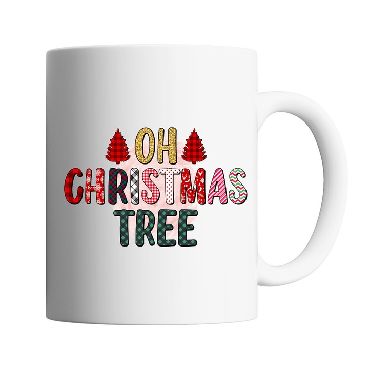 Kávés/teás bögre, Oktane, 330 ml, "Oh, Christmas tree", kerámia, fehér