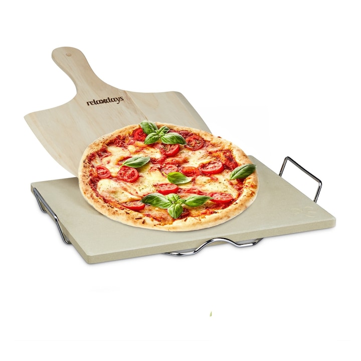 Set piatra pentru pizza, cu lopata si suport metalic, Relaxdays, 30x38x1.5 cm
