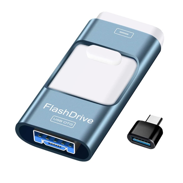 USB памет 256 GB 4 в 1, Флашка за Android и IOS, с USB C, Micro USB, Apple Lightning, OTG функция, За Iphone, Ipad, смартфон, таблет, компютър или лаптоп, Синя