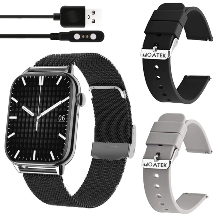 Ceas smartwatch MOATEK®, GPS, Always on display, monitorizare activitati fizice, ritm cardiac, pedometru, somn, negru, 3 bratari incluse in pachet
