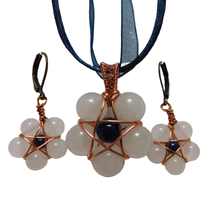 Set pandantiv si cercei, stea din cupru si jad alb cu lapis lazuli