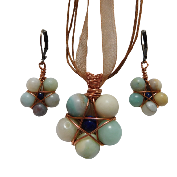 Set pandantiv si cercei, stea din cupru si amazonit cu lapis lazuli
