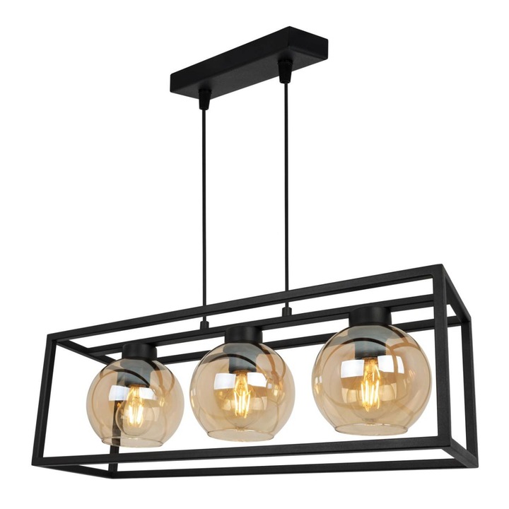 Plafoniera suspendata, Light Home, Haga Cage, reglabile, Lungime 90 cm, Latime 60 cm, Abajur 15 cm, E27, 3 punct de lumina, sticla, Negru/Auriu