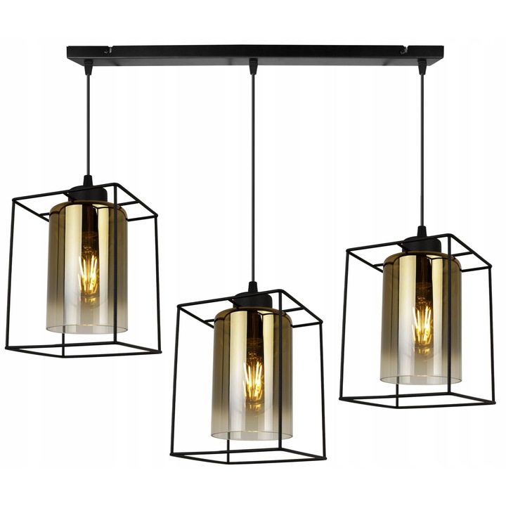 Plafoniera suspendata, Light Home, Hella Cage, reglabile, Lungime 90 cm, Abajur 14 cm, E27, 3 punct de lumina, sticla, Negru/Auriu