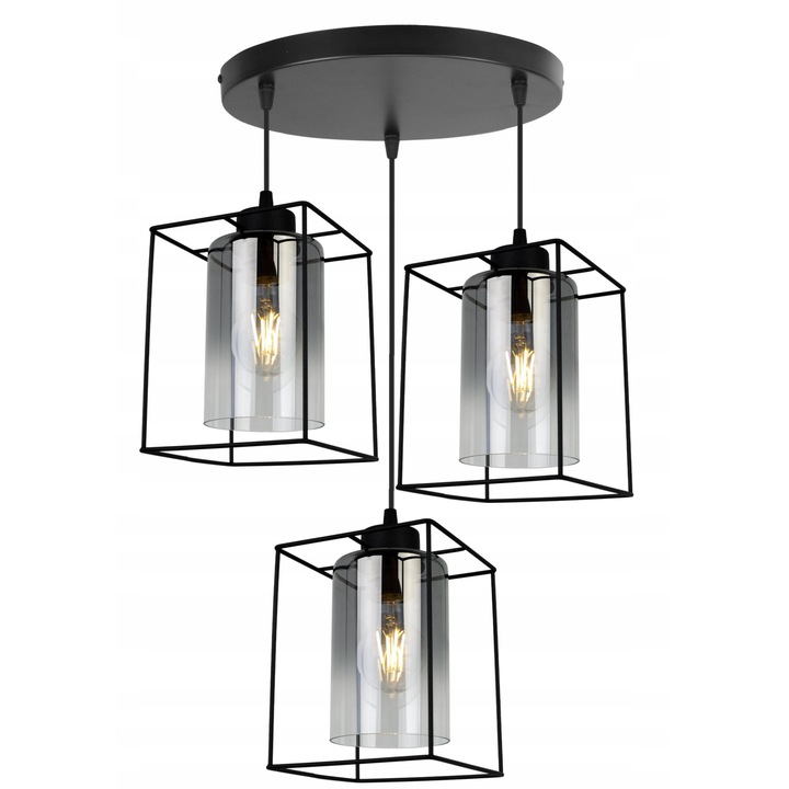 Plafoniera suspendata, Light Home, Hella Cage, reglabile, Lungime 90 cm, Abajur 14 cm, E27, 3 punct de lumina, sticla, Negru/Crom