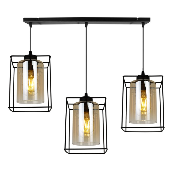 Plafoniera suspendata, Light Home, Hella Cage, reglabile, Lungime 90 cm, Abajur 14 cm, E27, 3 punct de lumina, sticla, Negru/Cupru