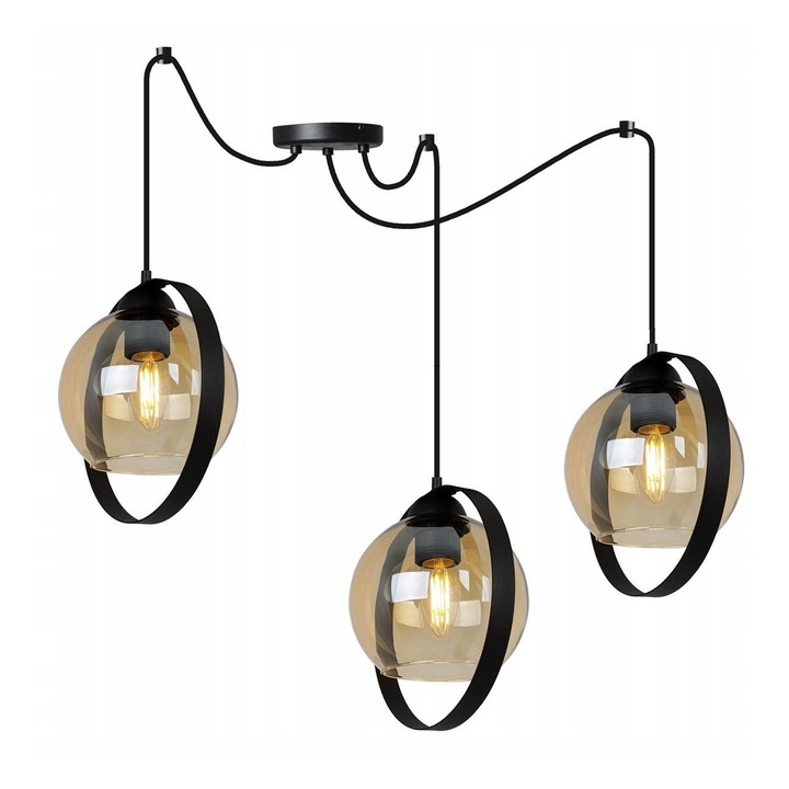 Lustra suspendata cu abajururi din bila de sticla colorata, stil spider, E27 max 60W, 230V, negru