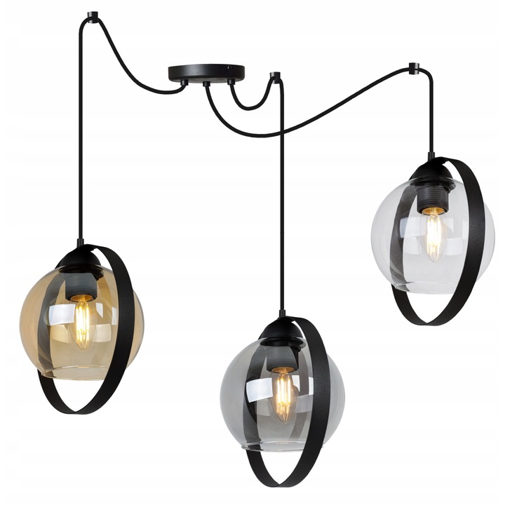 Lustra suspendata cu abajururi din bila de sticla colorata, stil spider, tip E27 max 60W, 230V, negru