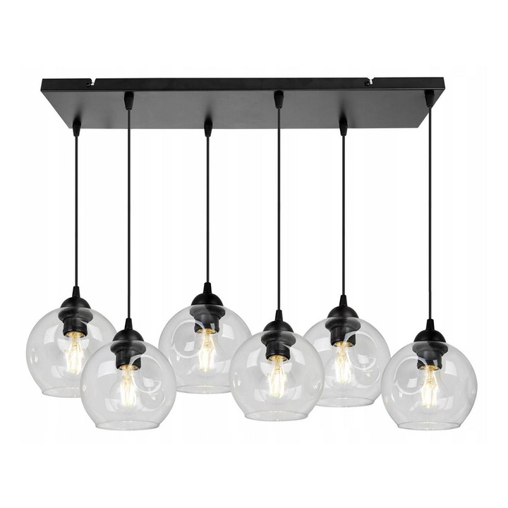 Lustra suspendata cu 6 surse de lumina, cu abajururi moderna din sticla, tip E27 max 60W, 230V, negru