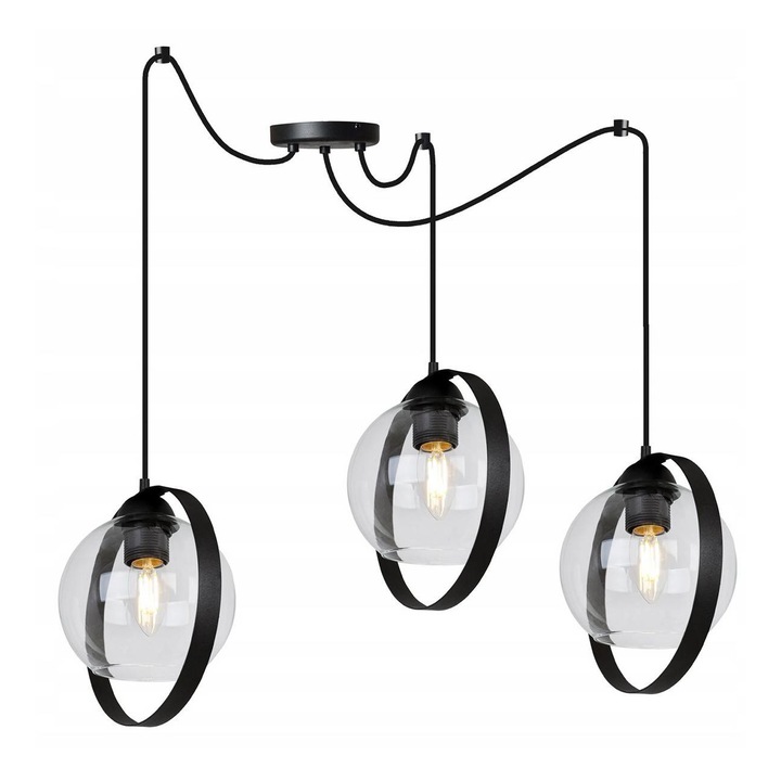 Lustra suspendata moderna cu abajururi de sticla, inaltime ajustabila, 230V, E27, negru