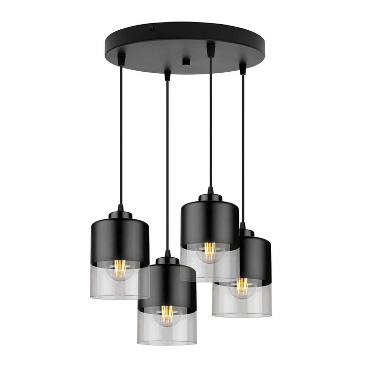 Lustra suspendata cu abajururi din sticla si metal, 230V, E27 max 60W, negru