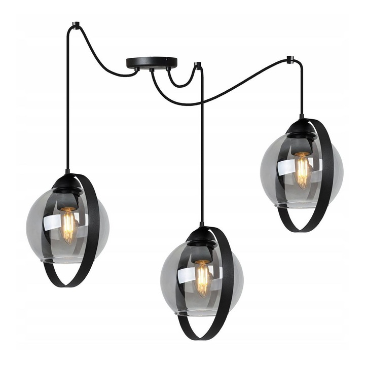 Lustra suspendata cu 3 surse de lumina, cu abajururi cu inele metalice din sticla, E27 max 60W, 230V, negru