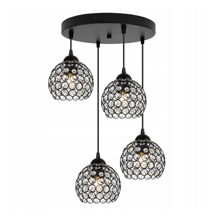 Plafoniera suspendata, LightHome, Cristal, cristale LED, Retea de alimentare, 60 W, 4 puncte luminoase, 14 cm, 90x40 cm, E27, metal, Negru/Transparent