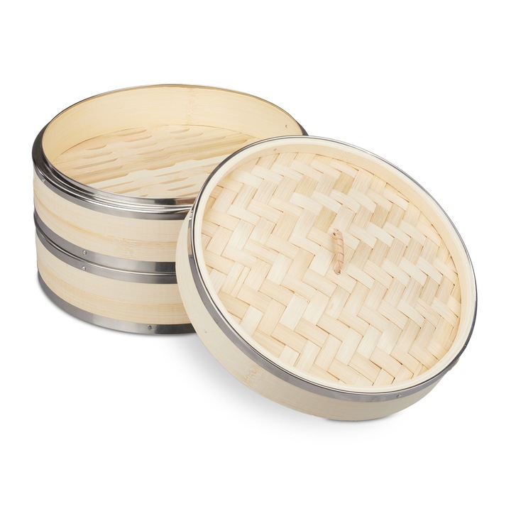 Steamer din bambus cu 2 niveluri, Relaxdays, 24 cm