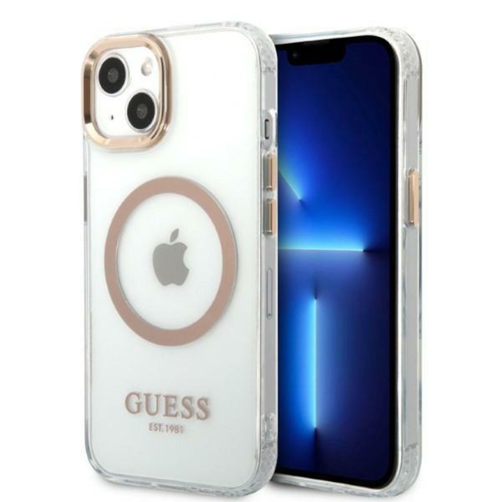 Guess tok, iPhone 13 6,1"-es készülékhez, arany/arany, kemény tok, Metal Magsafe