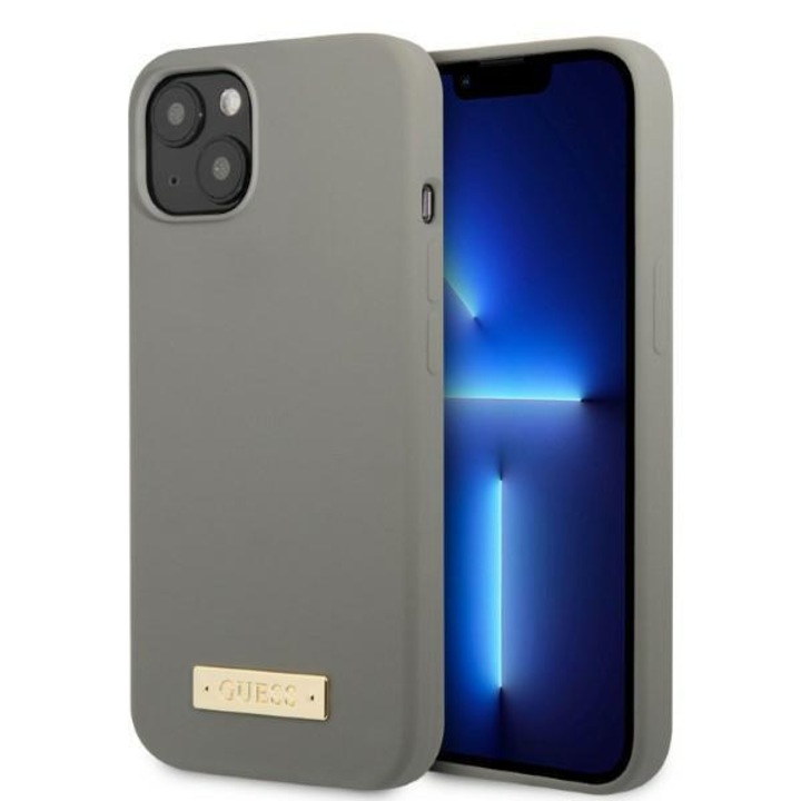 Guess case за iPhone 13 mini 5.4" сив твърд силиконов кейс Logo Plate MagSafe