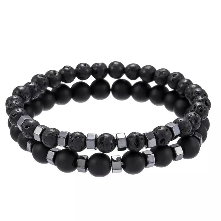 Két rugalmas karkötő készlet vulkáni kőzetből és ónixból, Tessero, fekete