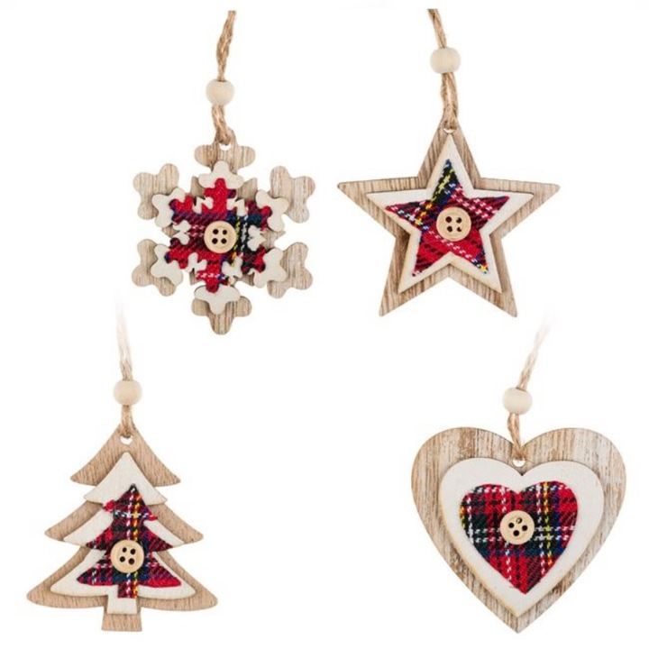 Set 8 ornamente pentru bradul de Craciun, lemn, stea, fulg de nea, inima, brad, multicolor, 6 cm