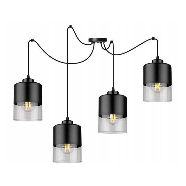 Lustra suspendata spider cu abajur din metal si sticla, E27 max 60W, negru