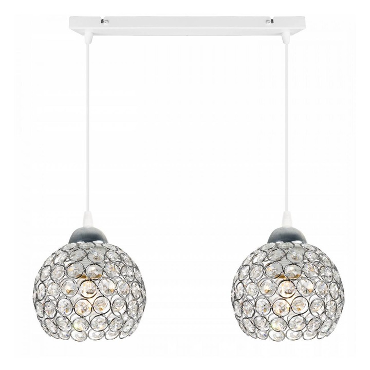 Plafoniera suspendata, LightHome, Cristal, cristale LED, Retea de alimentare, 60 W, 2 puncte luminoase, 14 cm, 90x50 cm, E27, metal, Crom/Transparent