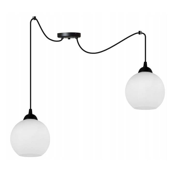 Lustra suspendata moderna cu abajur din sticla alb, inaltime ajustabil, E27 max 60W, negru