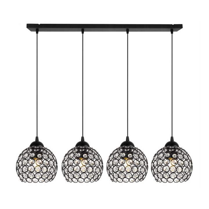 Plafoniera suspendata, LightHome, Cristal, cristale LED, Retea de alimentare, 60 W, 4 puncte luminoase, 14 cm, 90x75 cm, E27, metal, Negru/Transparent