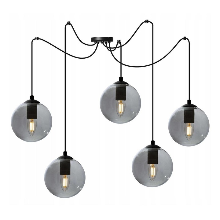 Lustra suspendata spider cu abajur rotund din sticla colorata, inaltime ajustabil, 5xE27 max 60W, negru