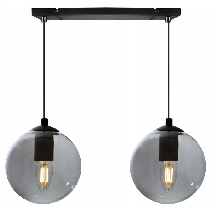 Lustra suspendata industrial cu abajur rotund din sticla colorata, 2xE27 max 60W, negru