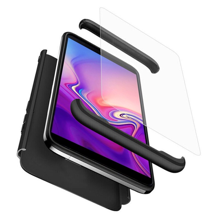 Капак AZIAO 360° за Samsung Galaxy J6 Plus, супер тънък калъф, интелигентен дизайн, пълна защита, капак на екрана, включено фолио, комплект всичко в едно, черен