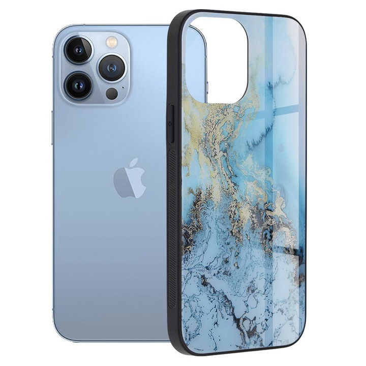 Защитен калъф, съвместим с Apple Iphone 13 Pro, изработен от силикон TPU и Secure Glass, Slim Fit, Shock Absorbing, Marble Design, Blue