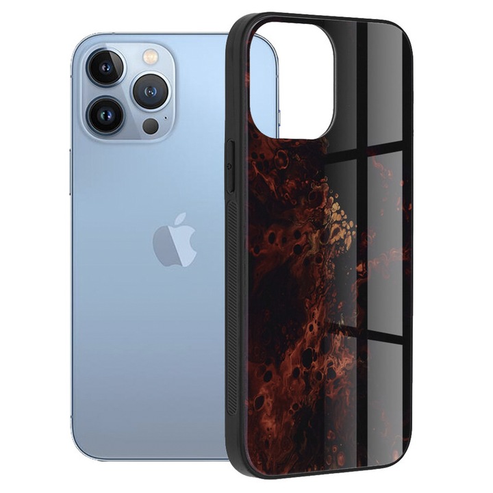 Защитен капак, съвместим с Apple Iphone 13 Pro, изработен от силикон TPU и Secure Glass, Slim Fit, Shock Absorbing, Nebula Design, Червен