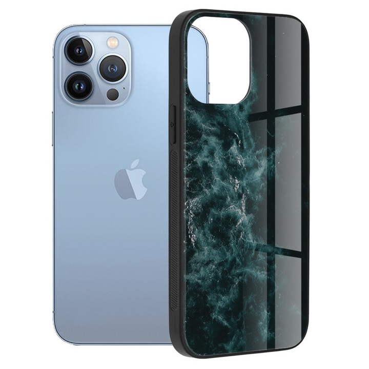 Защитно покритие, съвместимо с Apple Iphone 13 Pro, изработено от силикон TPU и Secure Glass, Slim Fit, Shock Absorbing, Nebula Design, Blue