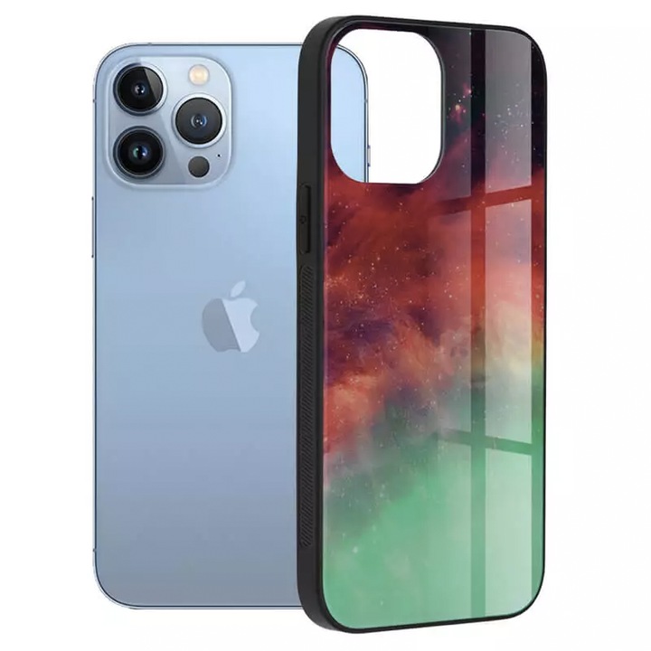 Защитно покритие, съвместимо с Apple Iphone 13 Pro, изработено от силикон TPU и закалено стъкло, Slim Fit, Shock Absorbing, Nebula Design, Mногоцветен