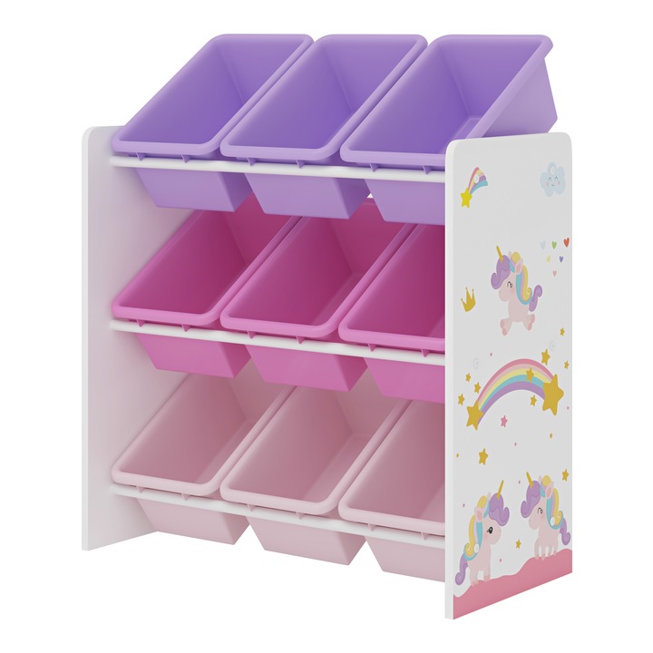 Raft camera copii, en.casa, Muxia, 60 x 62 x 26,5 cm, pal, plastic, metal, alb, lila, roz, cu 9 cutii depozitare