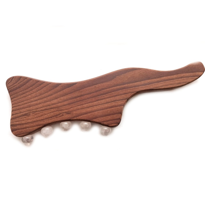 Dispozitiv profesional din lemn, pentru masaj, anticelulitic, terapie Gua Sha, cu 5 bile din cristal de cuart roz
