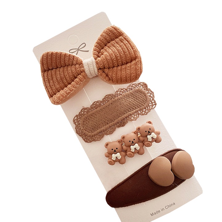 Accesorii de par, tip clema, set 4 piese, familie ursuleti, maro palid, EFAYN