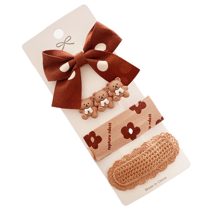 Accesorii de par, tip clema, set 4 piese, funda si ursuleti, maro deschis, EFAYN