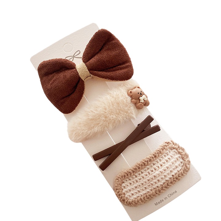 Accesorii de par, tip clema, set 4 piese, funda, maro inchis, EFAYN