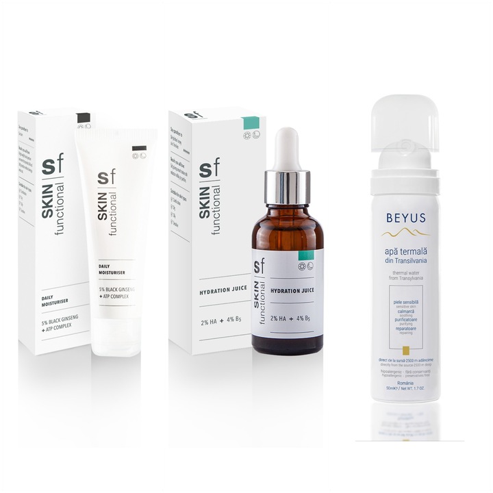 Set Skin Functional pentru Hidratarea tenului - Ser cu 2% Acid Hialuronic si 4% B5, 30 ml, Crema Hidratanta cu 5% Black Ginseng si ATP Complex, 50 ml si Apa Termala Beyus, 50 ml