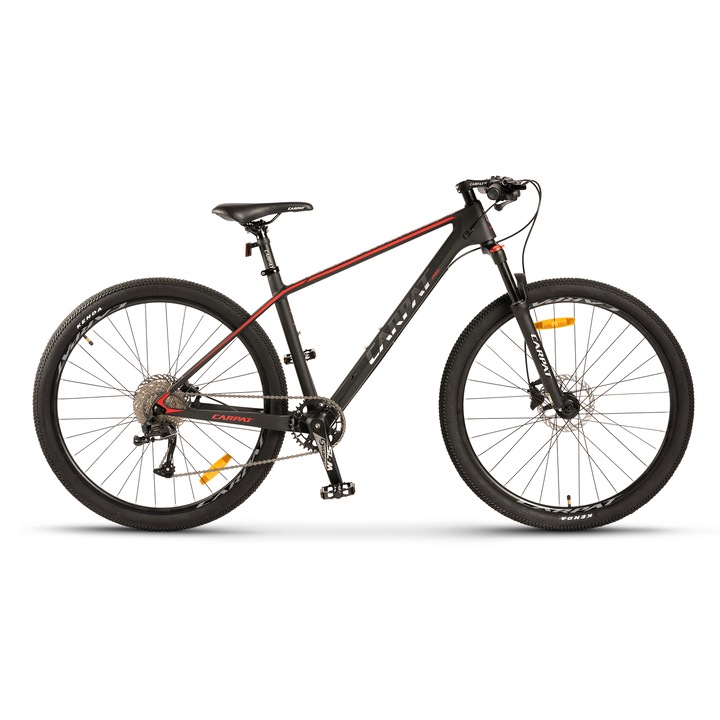 Bicicleta MTB de munte Carpat Elite Pro Carbon JSX275, cadru Carbon, echipare A7, suspensie fata reglabila cu blocator, roata 27.5 inch, frana disc fata/spate hidraulice X-Spark, 10 viteze, negru cu rosu